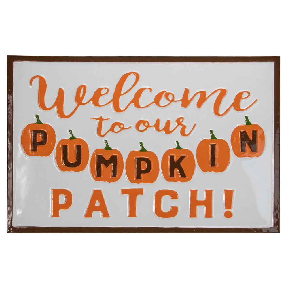 20.25" Orange and White "Welcome To Our Pumpkin Patch!" Autumn Metal Wall Decor. Picture 1