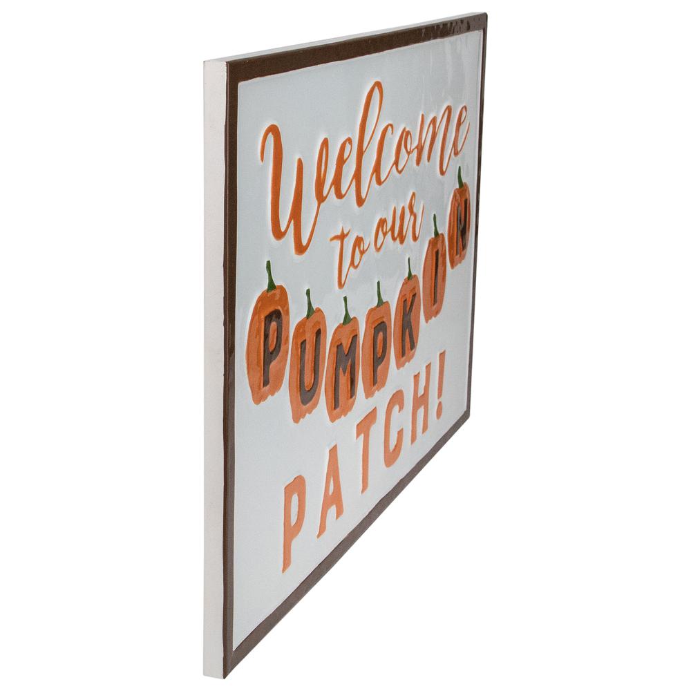 20.25" Orange and White "Welcome To Our Pumpkin Patch!" Autumn Metal Wall Decor. Picture 2