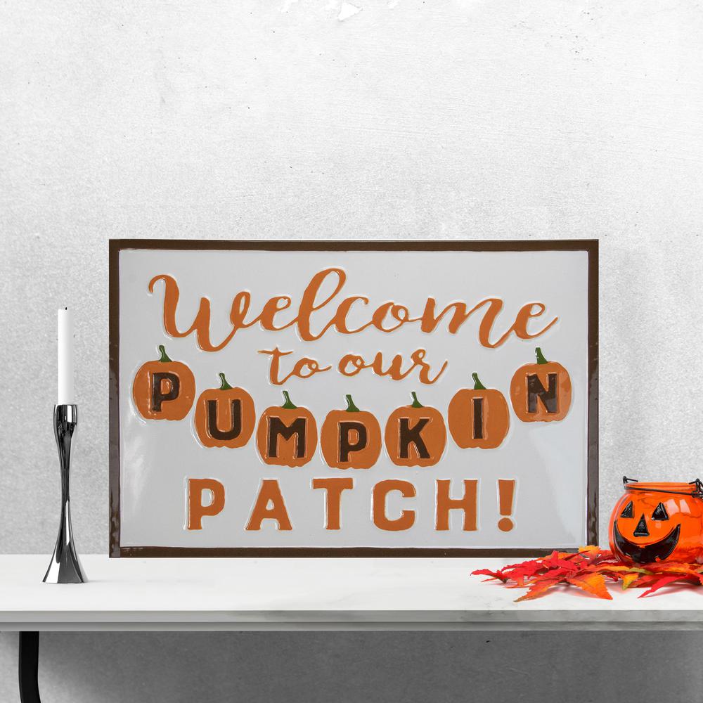 20.25" Orange and White "Welcome To Our Pumpkin Patch!" Autumn Metal Wall Decor. Picture 4