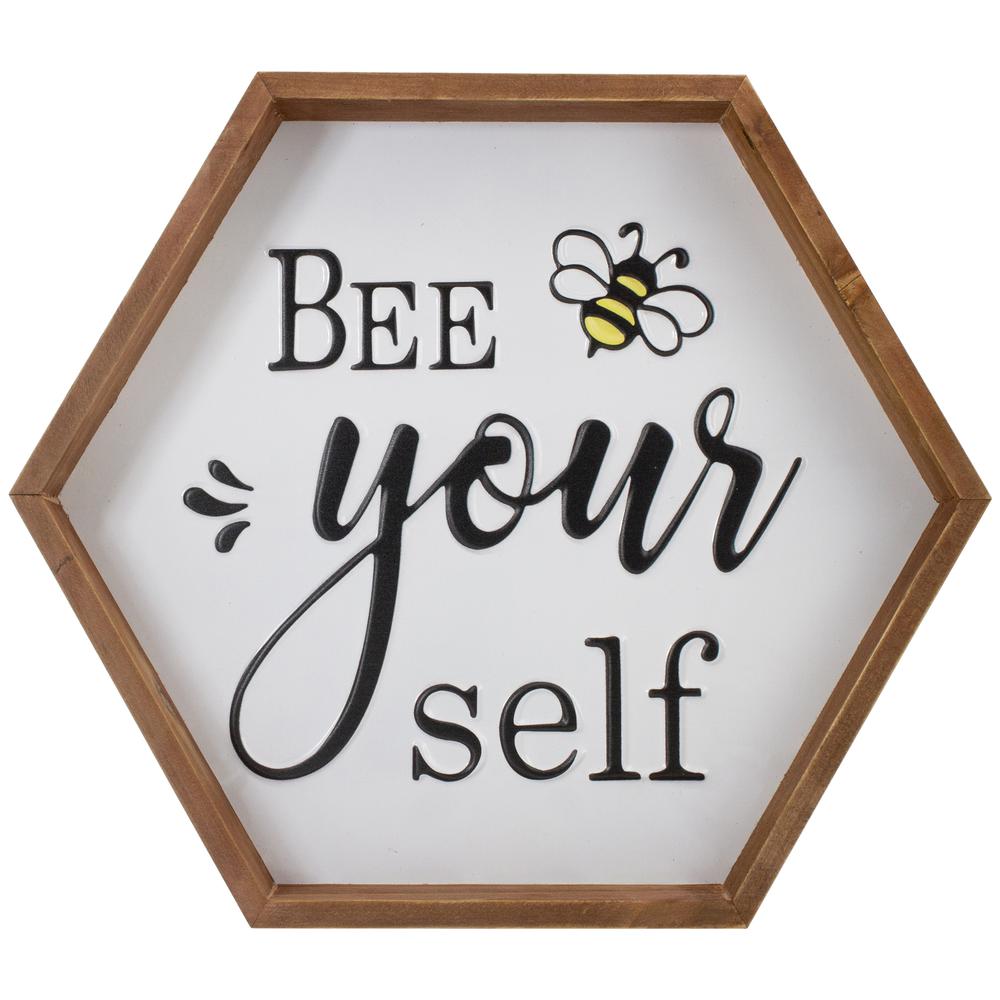 16" Wooden Framed "Bee Yourself" Metal Sign Spring Wall or Tabletop Decor. Picture 1