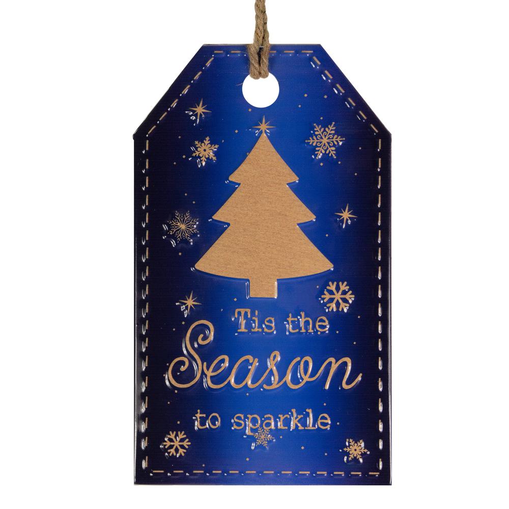 12.25" Tis the Season to Sparkle Blue Christmas Gift Tag Wall Decoration. Picture 1