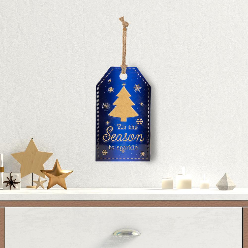 12.25" Tis the Season to Sparkle Blue Christmas Gift Tag Wall Decoration. Picture 2