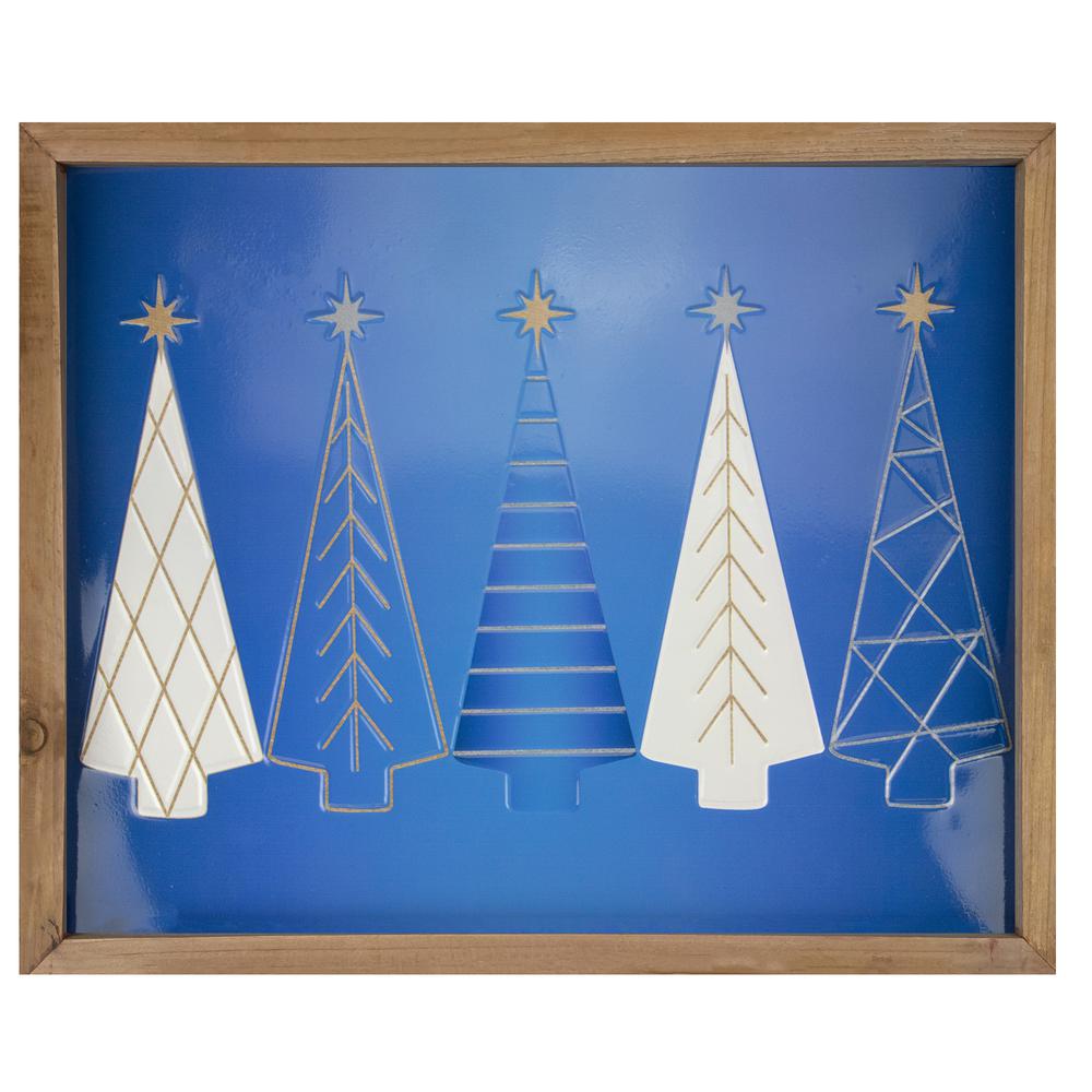 17.75" Blue and White Christmas Trees Wooden Framed Wall Art. Picture 1