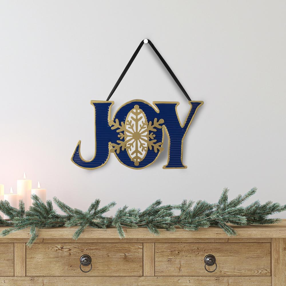 16" Blue and Gold "JOY" Metal Christmas Wall Sign. Picture 2