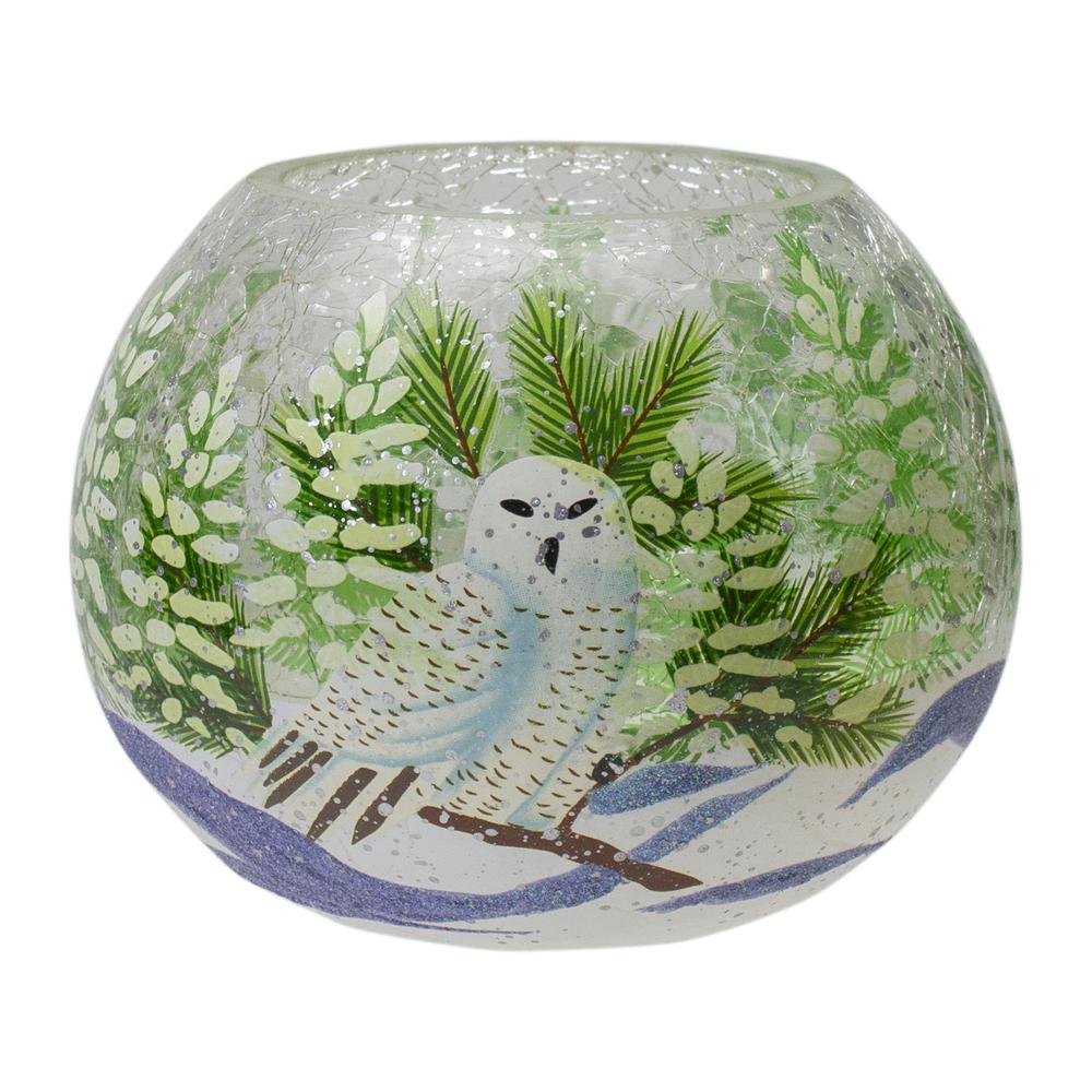 6" Hand Painted Owl and Pine Trees Glass Flameless Christmas Candle Holder. Picture 1