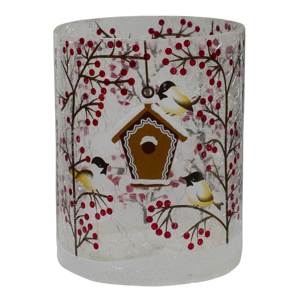 5" Hand Painted Sparrows and Berries Flameless Glass Christmas Candle Holder. Picture 1