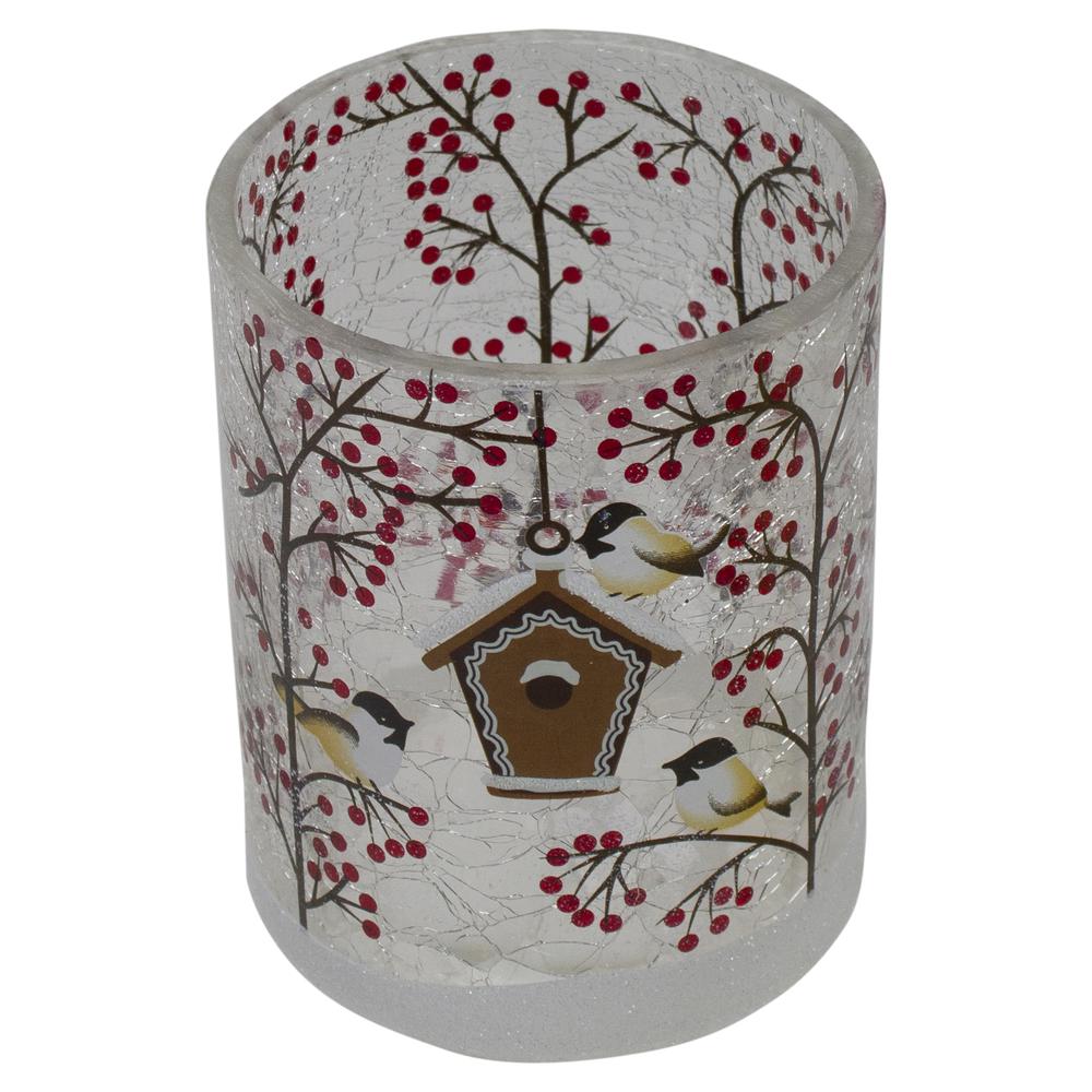 5" Hand Painted Sparrows and Berries Flameless Glass Christmas Candle Holder. Picture 4