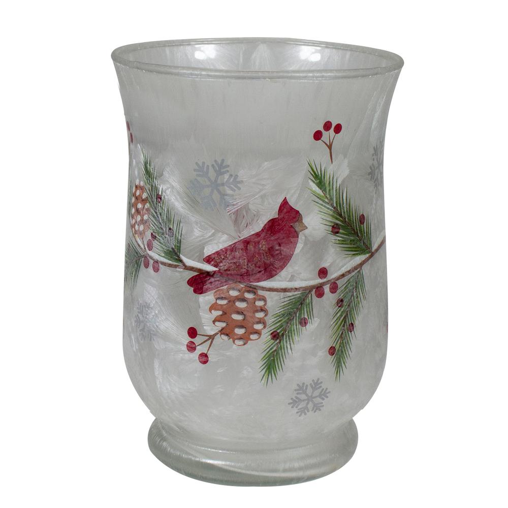 6" Hand Painted Christmas Cardinal and Pine Flameless Glass Candle Holder. Picture 1