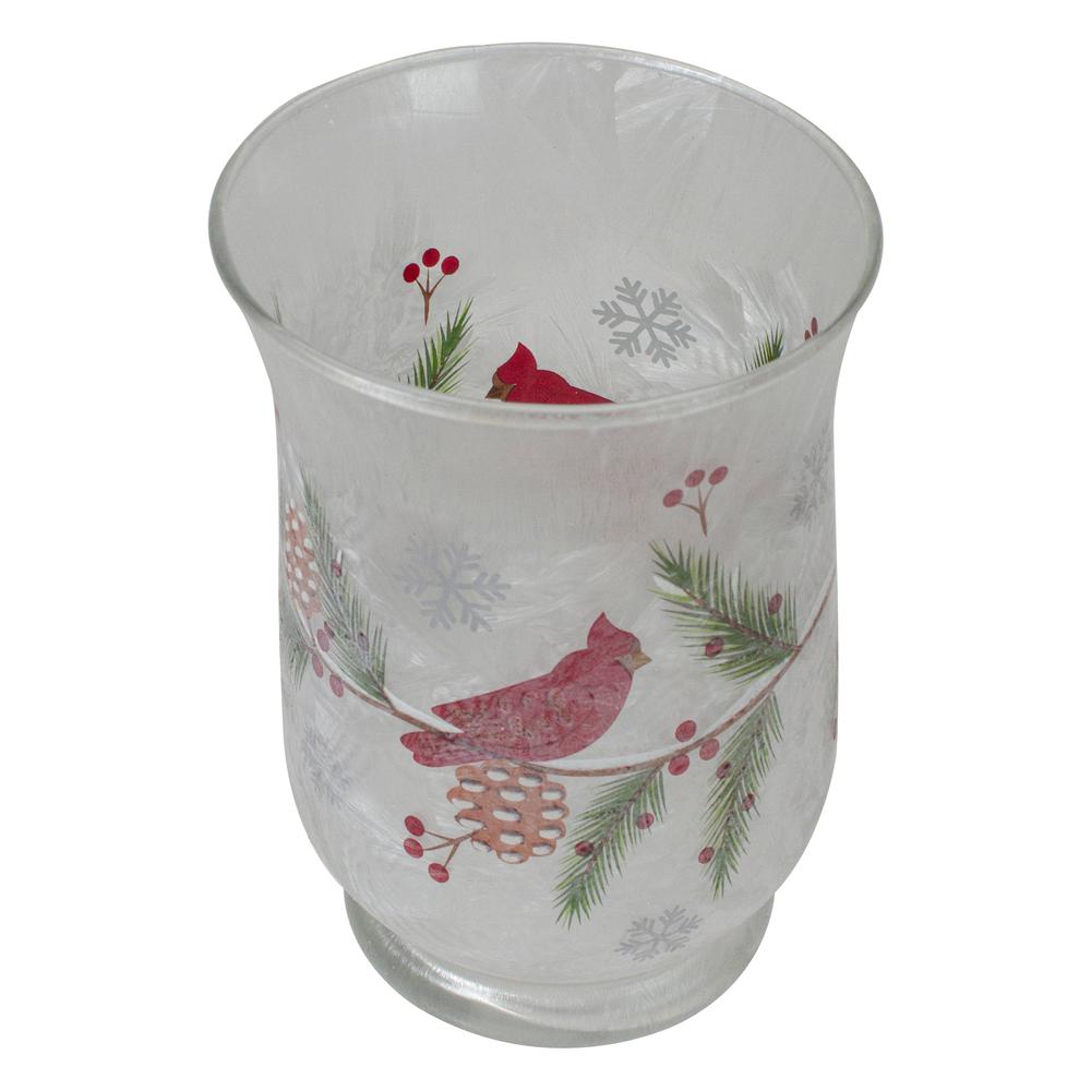 6" Hand Painted Christmas Cardinal and Pine Flameless Glass Candle Holder. Picture 3