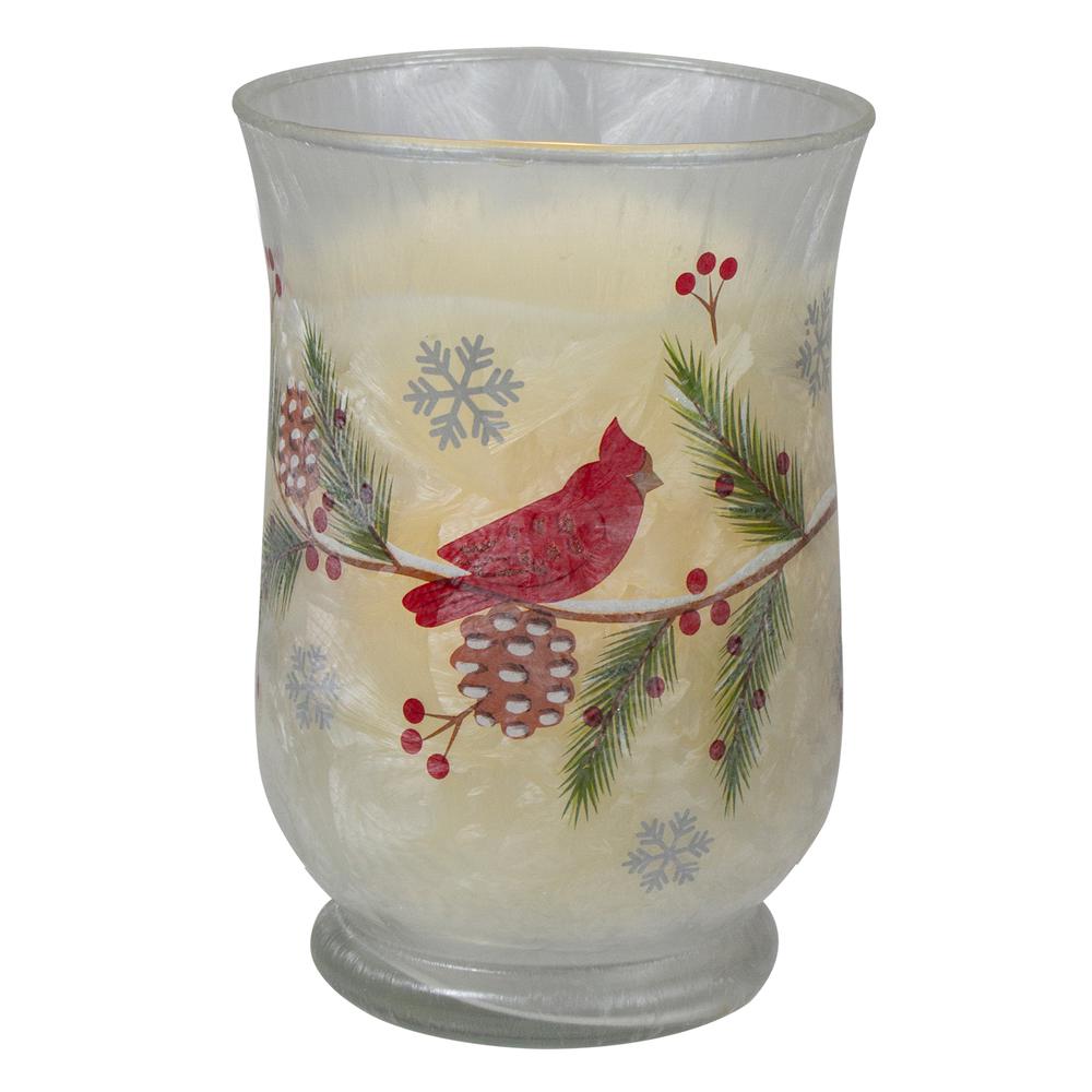 6" Hand Painted Christmas Cardinal and Pine Flameless Glass Candle Holder. Picture 5