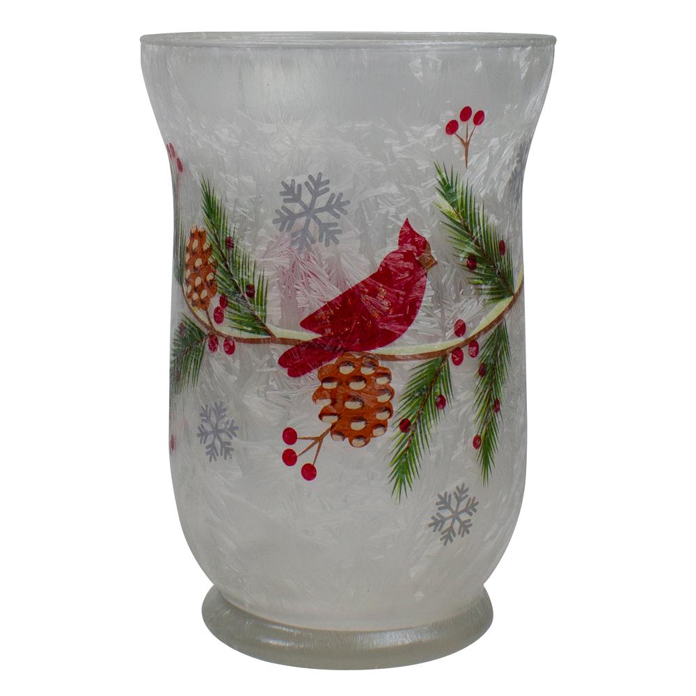 4" Hand Painted Christmas Cardinal and Pine Flameless Glass Candle Holder. Picture 1