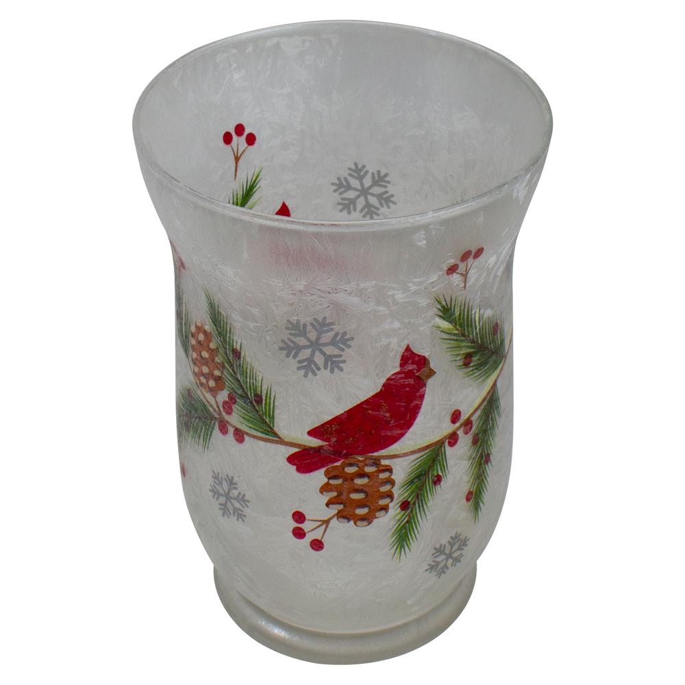 4" Hand Painted Christmas Cardinal and Pine Flameless Glass Candle Holder. Picture 3