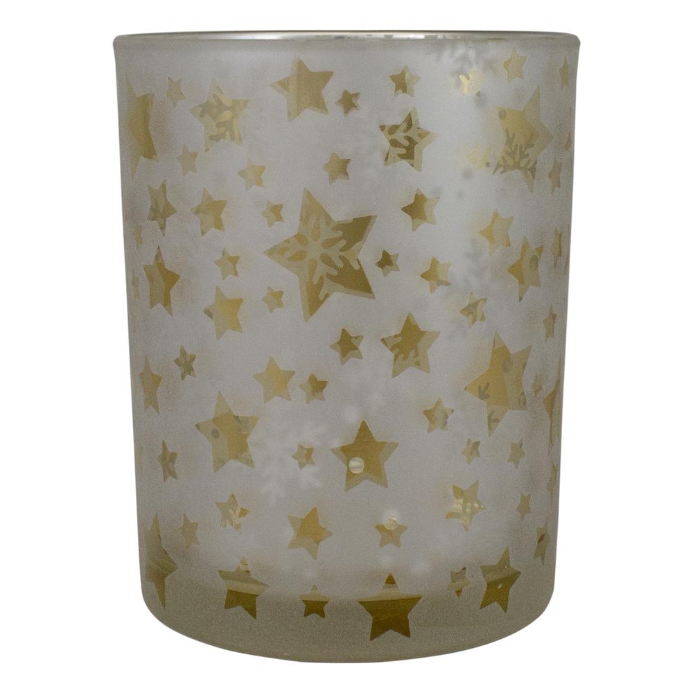 5" Matte Silver and Gold Stars and Snowflakes Flameless Glass Candle Holder. Picture 1