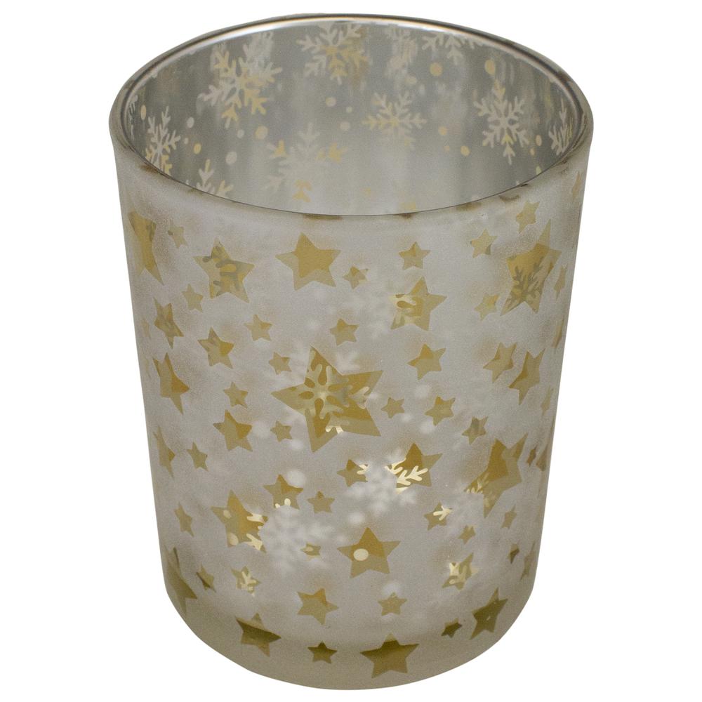 5" Matte Silver and Gold Stars and Snowflakes Flameless Glass Candle Holder. Picture 3