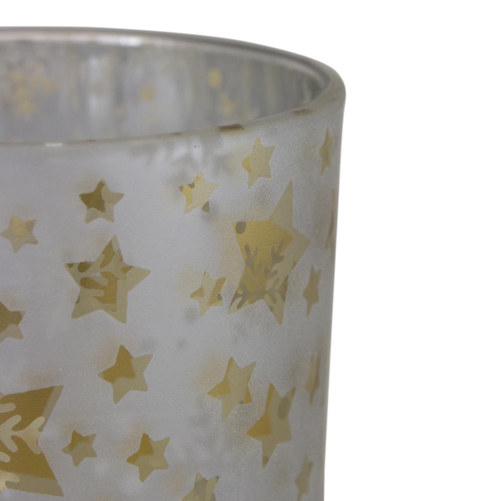 5" Matte Silver and Gold Stars and Snowflakes Flameless Glass Candle Holder. Picture 4