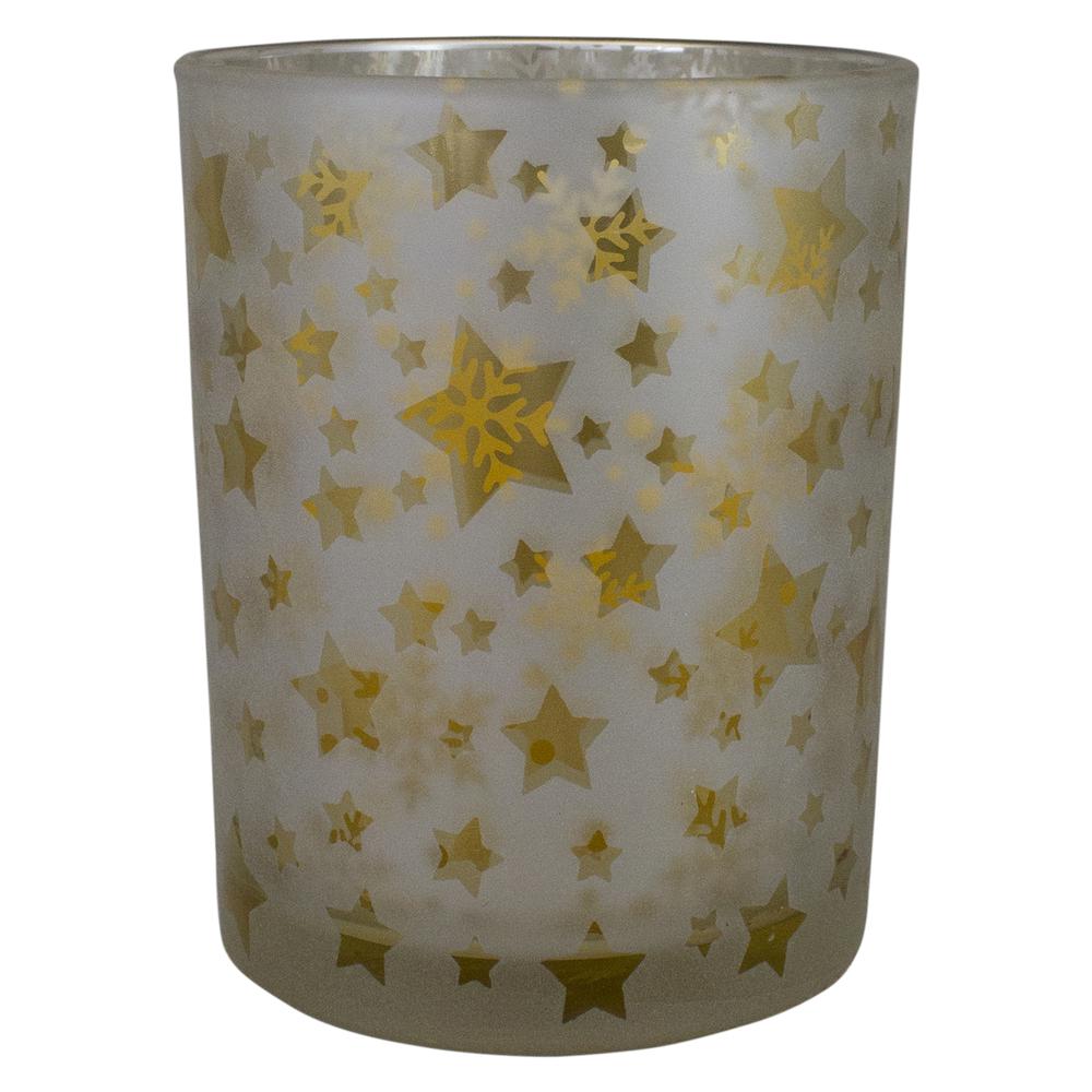 5" Matte Silver and Gold Stars and Snowflakes Flameless Glass Candle Holder. Picture 5