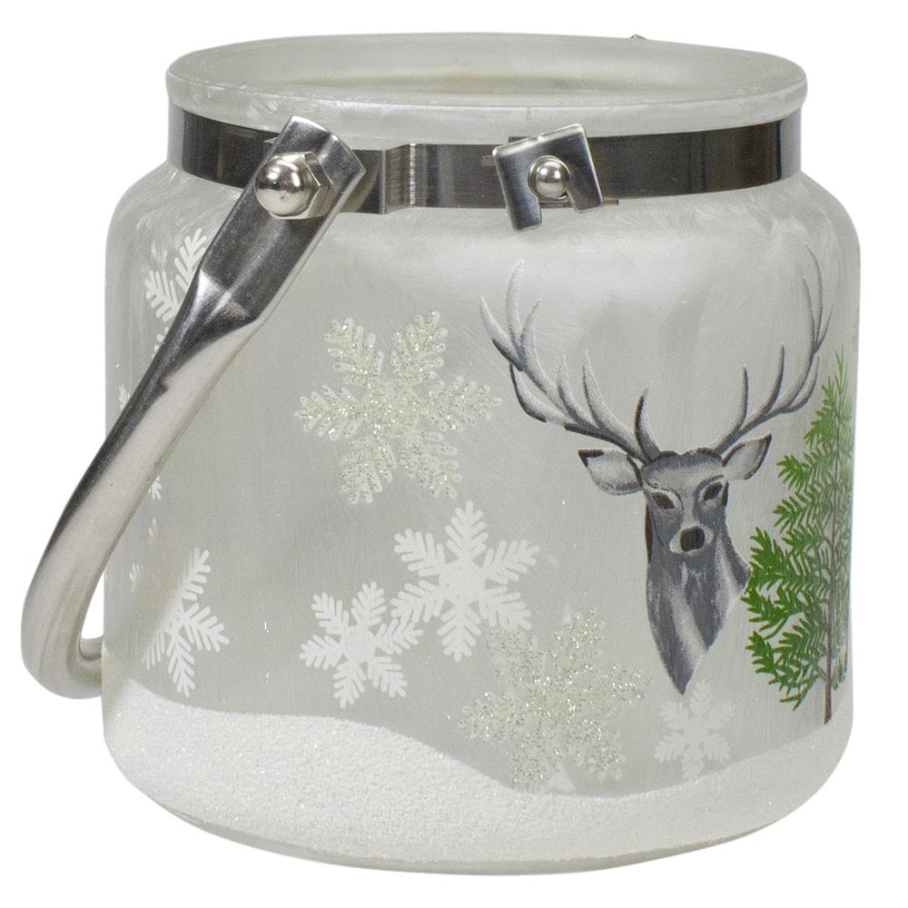 4" Deer  Pine and Snowflakes Hand Painted Flameless Glass Candle Lantern. Picture 3