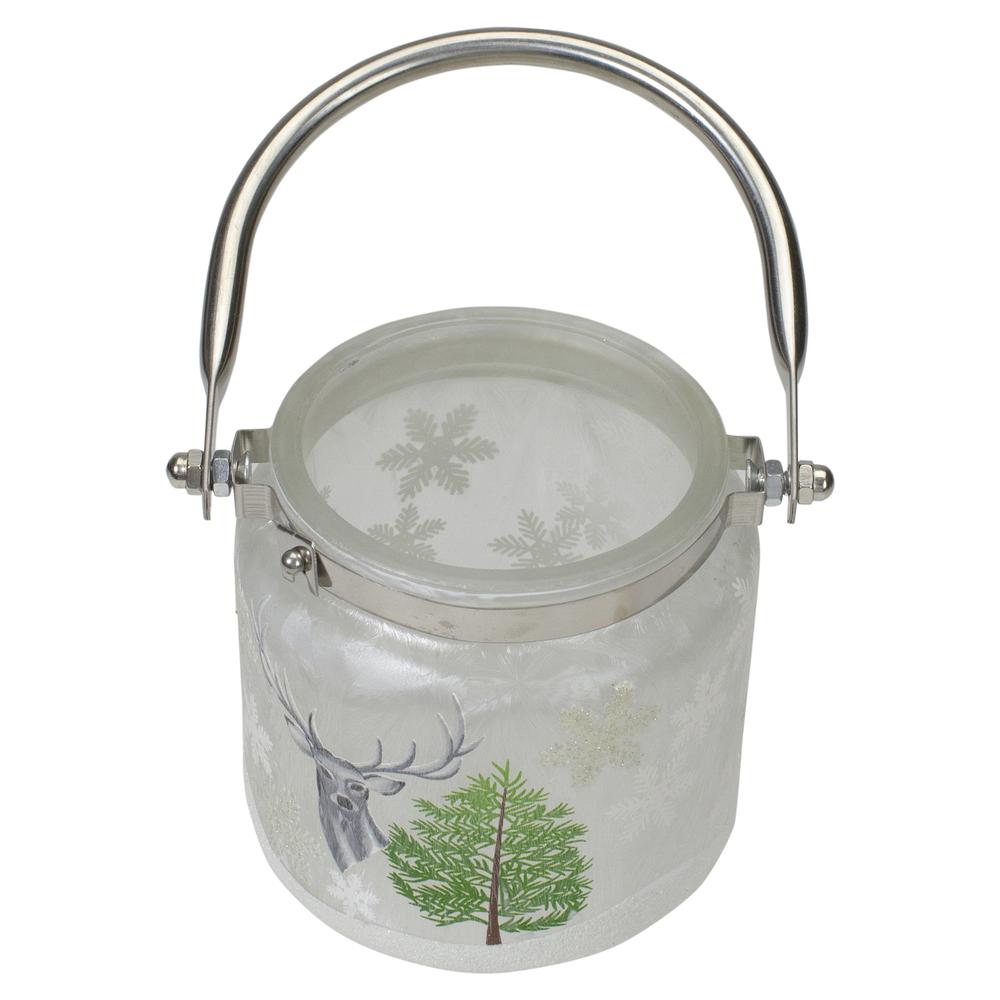 4" Deer  Pine and Snowflakes Hand Painted Flameless Glass Candle Lantern. Picture 5