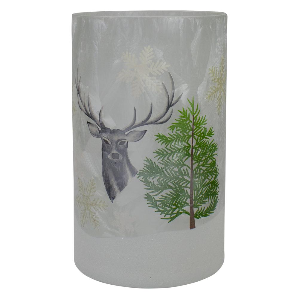 10" Deer  Pine and Snowflakes Hand Painted Flameless Glass Christmas Candle Holder. Picture 1