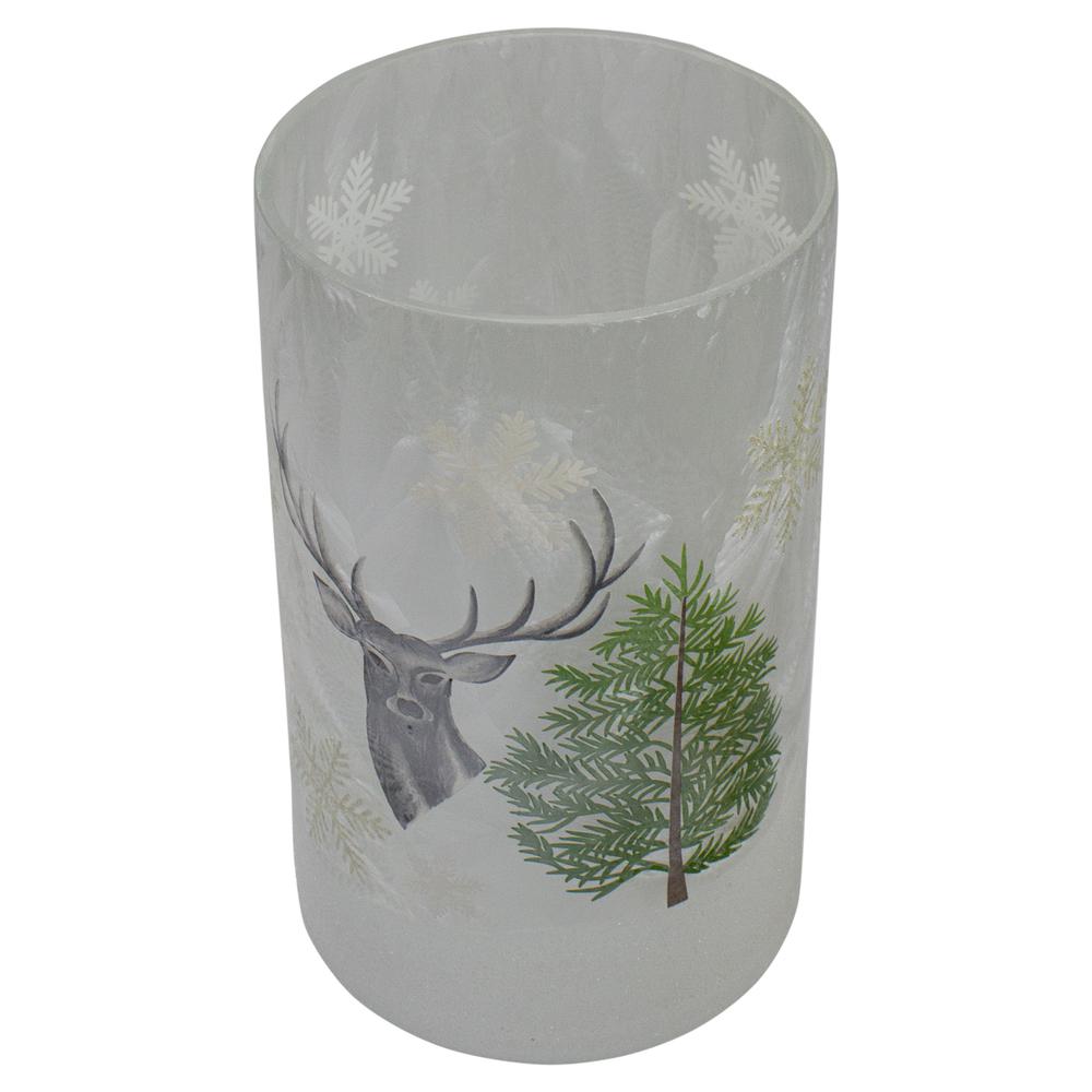 10" Deer  Pine and Snowflakes Hand Painted Flameless Glass Christmas Candle Holder. Picture 3