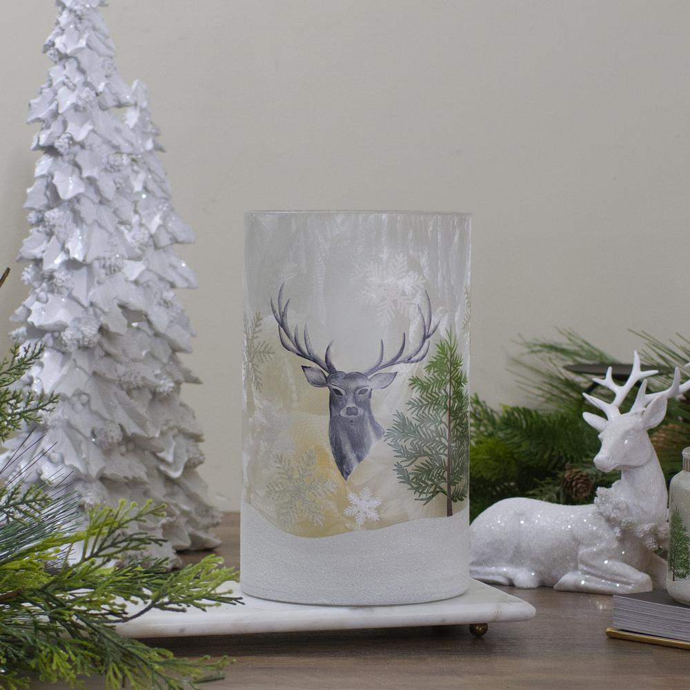10" Deer  Pine and Snowflakes Hand Painted Flameless Glass Christmas Candle Holder. Picture 2