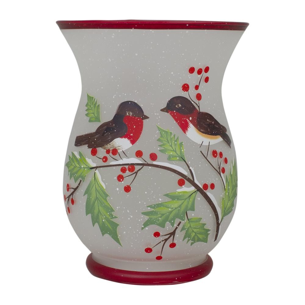 8-Inch Hand Painted Finches and Pine Flameless Glass Candle Holder. The main picture.