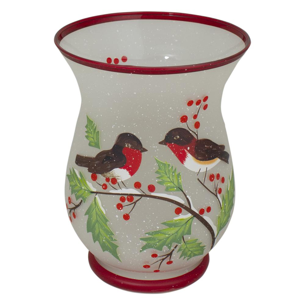 8-Inch Hand Painted Finches and Pine Flameless Glass Candle Holder. Picture 2