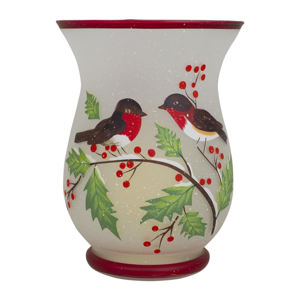 8-Inch Hand Painted Finches and Pine Flameless Glass Candle Holder. Picture 4
