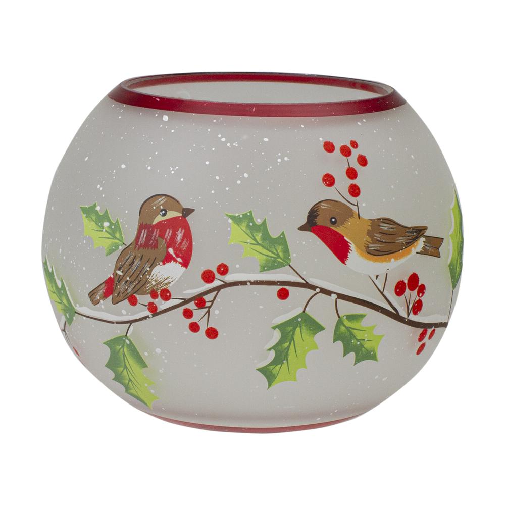 5-Inch Hand Painted Finches and Pine Flameless Glass Candle Holder. Picture 1