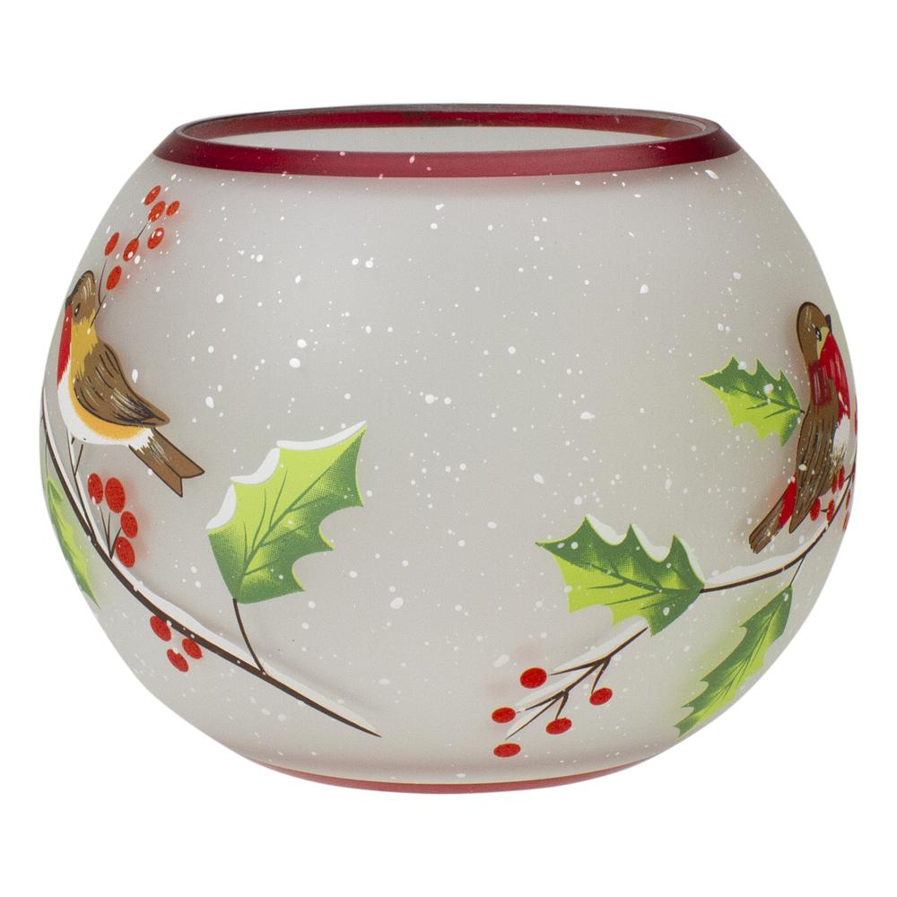 5-Inch Hand Painted Finches and Pine Flameless Glass Candle Holder. Picture 5