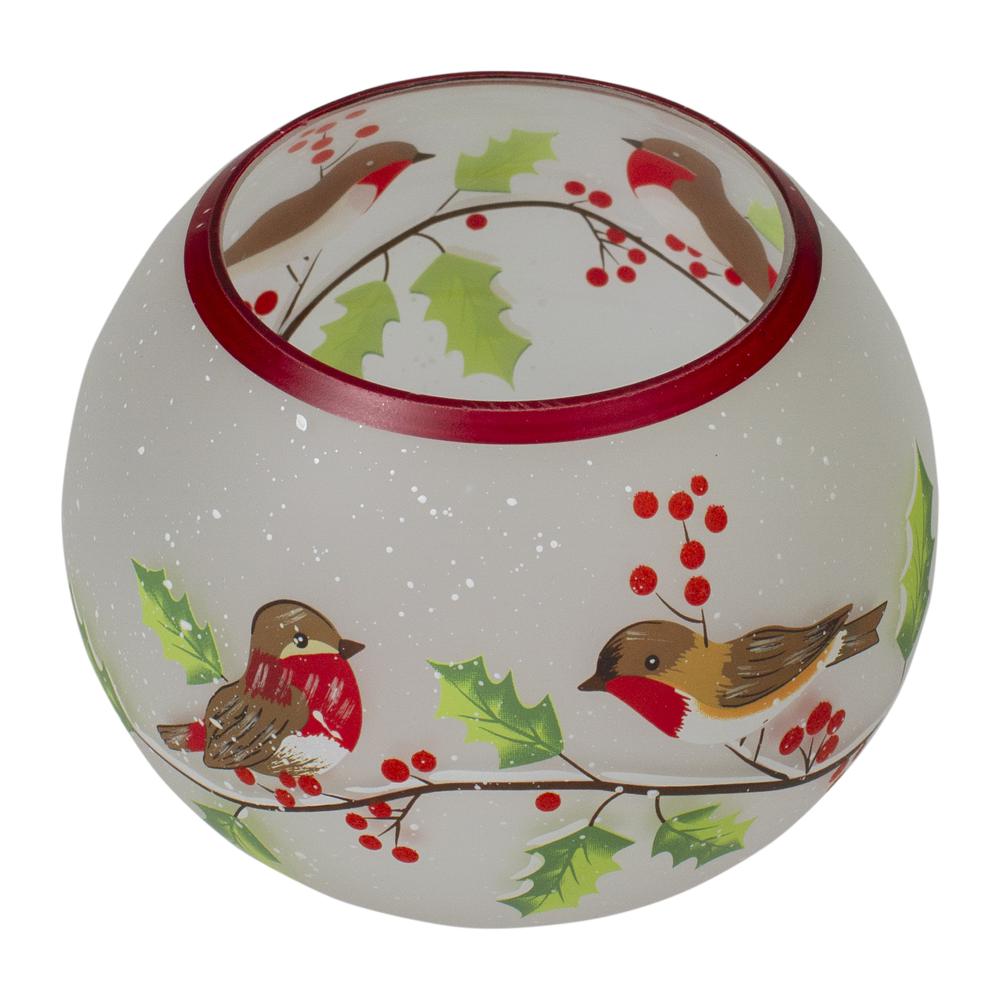 5-Inch Hand Painted Finches and Pine Flameless Glass Candle Holder. Picture 4