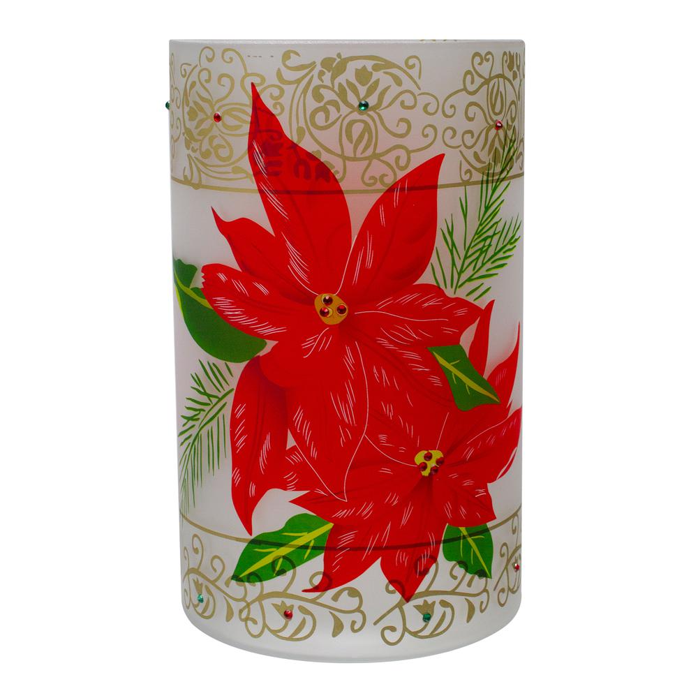 10" Hand-Painted Red Poinsettias and Gold Flameless Glass Christmas Candle Holder. Picture 1