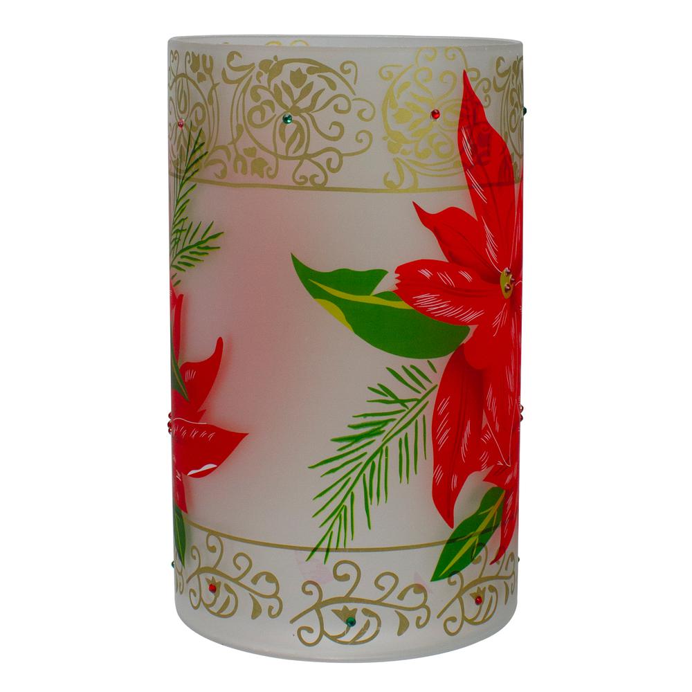10" Hand-Painted Red Poinsettias and Gold Flameless Glass Christmas Candle Holder. Picture 5
