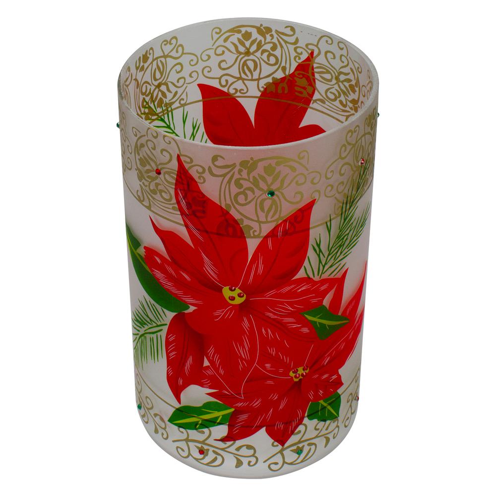 10" Hand-Painted Red Poinsettias and Gold Flameless Glass Christmas Candle Holder. Picture 3