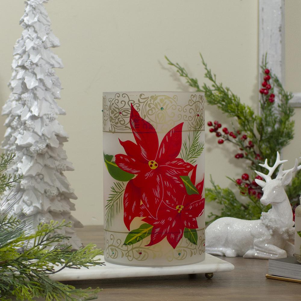 10" Hand-Painted Red Poinsettias and Gold Flameless Glass Christmas Candle Holder. Picture 2