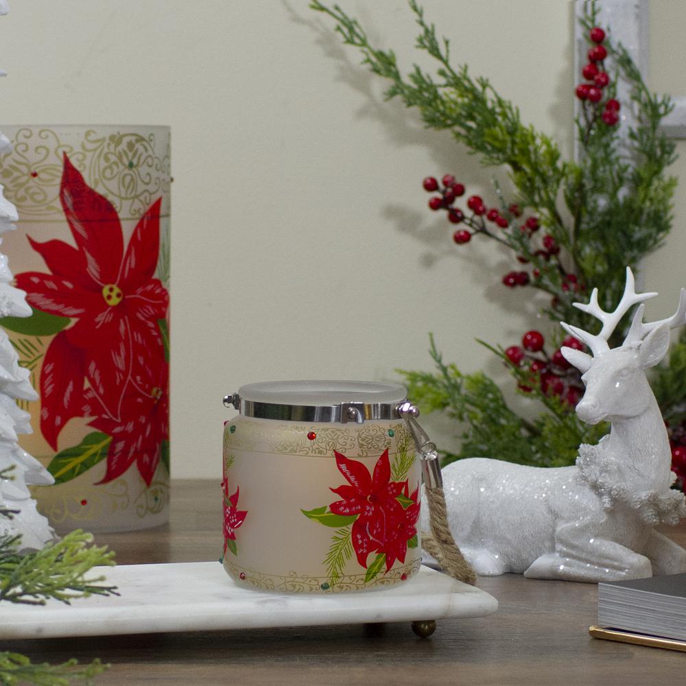 4" Hand-Painted Red Poinsettias and Gold Flameless Glass Christmas Candle Holder. Picture 2