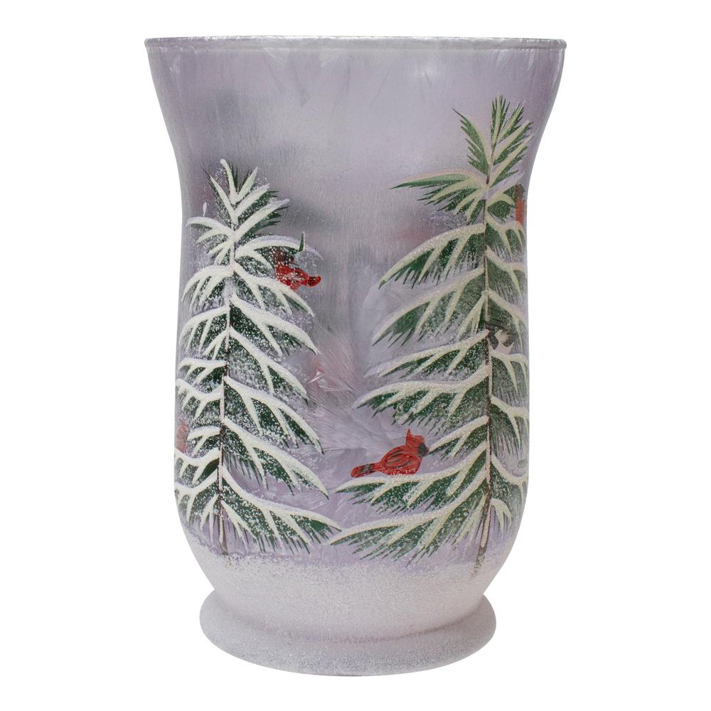 8" Hand-Painted Pine and Birds Flameless Glass Christmas Candle Holder. Picture 1