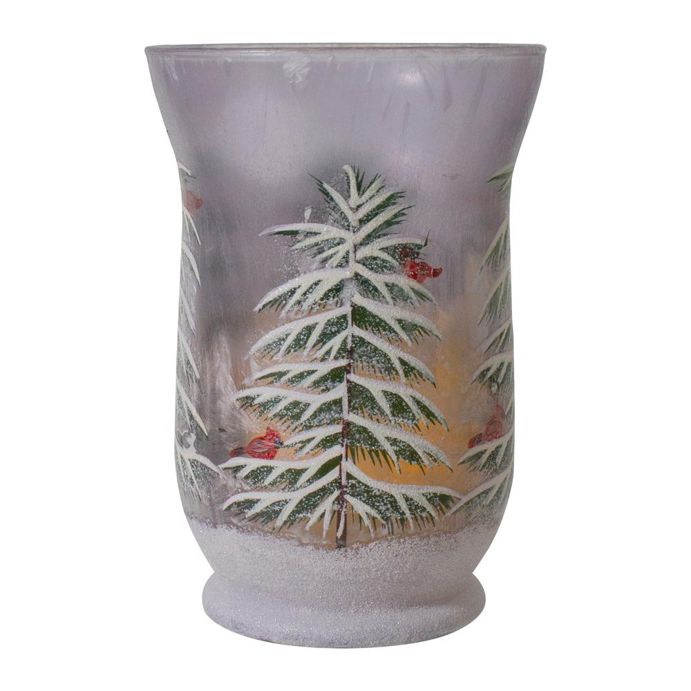 8" Hand-Painted Pine and Birds Flameless Glass Christmas Candle Holder. Picture 5