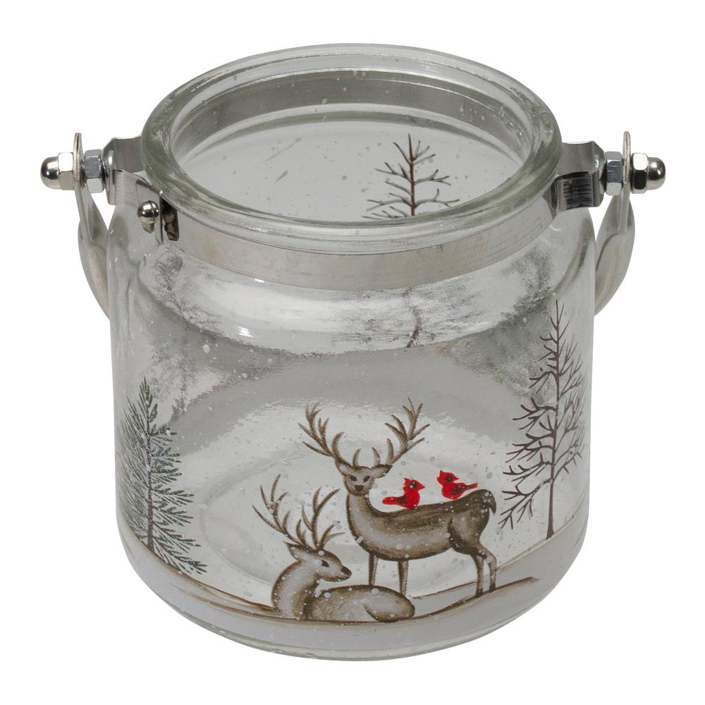 4" Hand-Painted Pine Trees and Deer Flameless Glass Christmas Candle Holder. Picture 3
