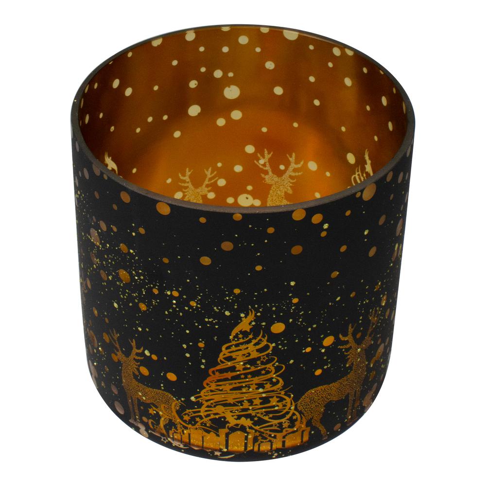 6" Black and Gold Deer and Pine Trees Flameless Glass Candle Holder. Picture 3