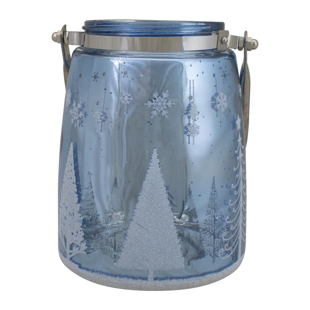 6.25" Shiny Blue and Silver Winter Forest and Snowflake Christmas Flameless Candle Lantern. The main picture.