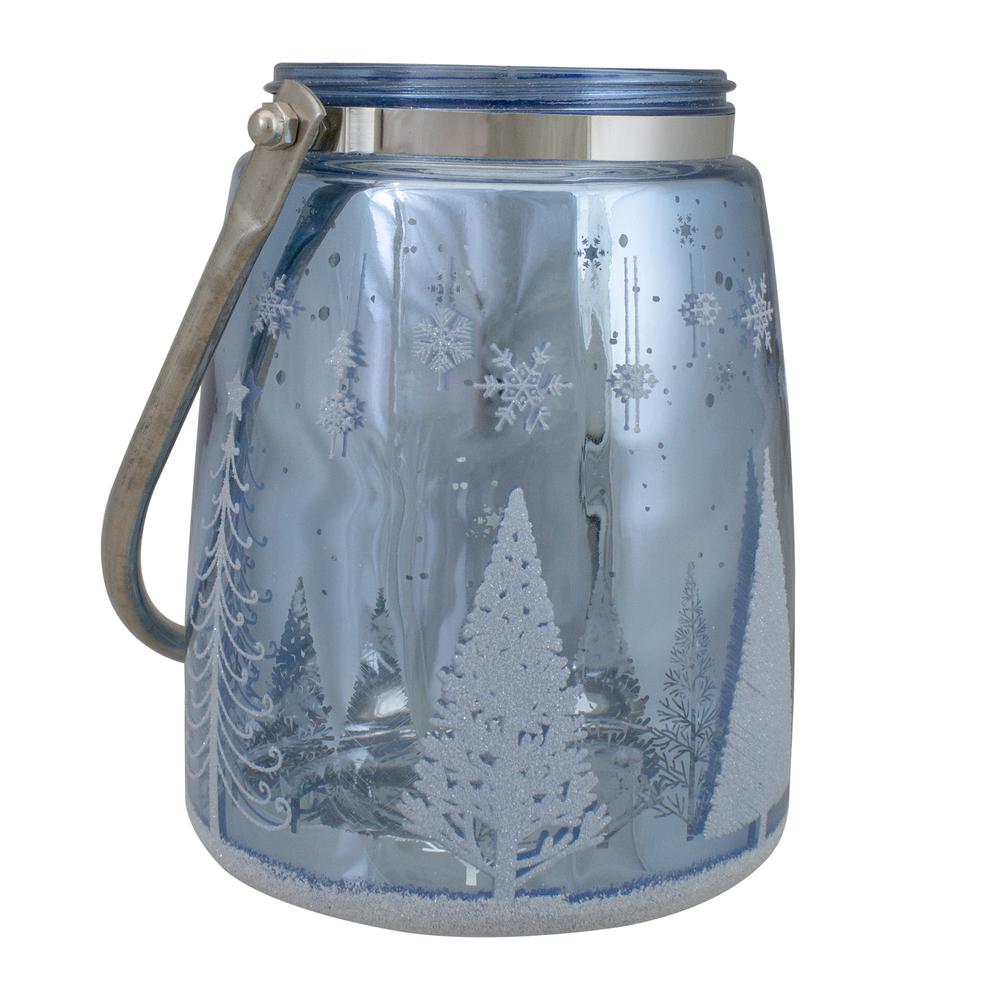 6.25" Shiny Blue and Silver Winter Forest and Snowflake Christmas Flameless Candle Lantern. Picture 4