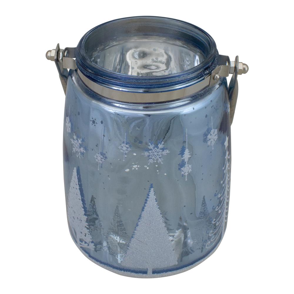 6.25" Shiny Blue and Silver Winter Forest and Snowflake Christmas Flameless Candle Lantern. Picture 3