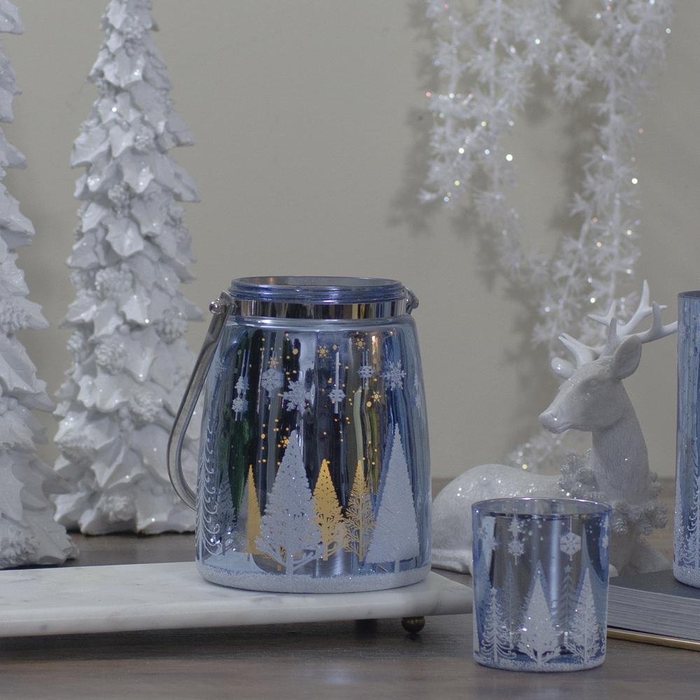 6.25" Shiny Blue and Silver Winter Forest and Snowflake Christmas Flameless Candle Lantern. Picture 2