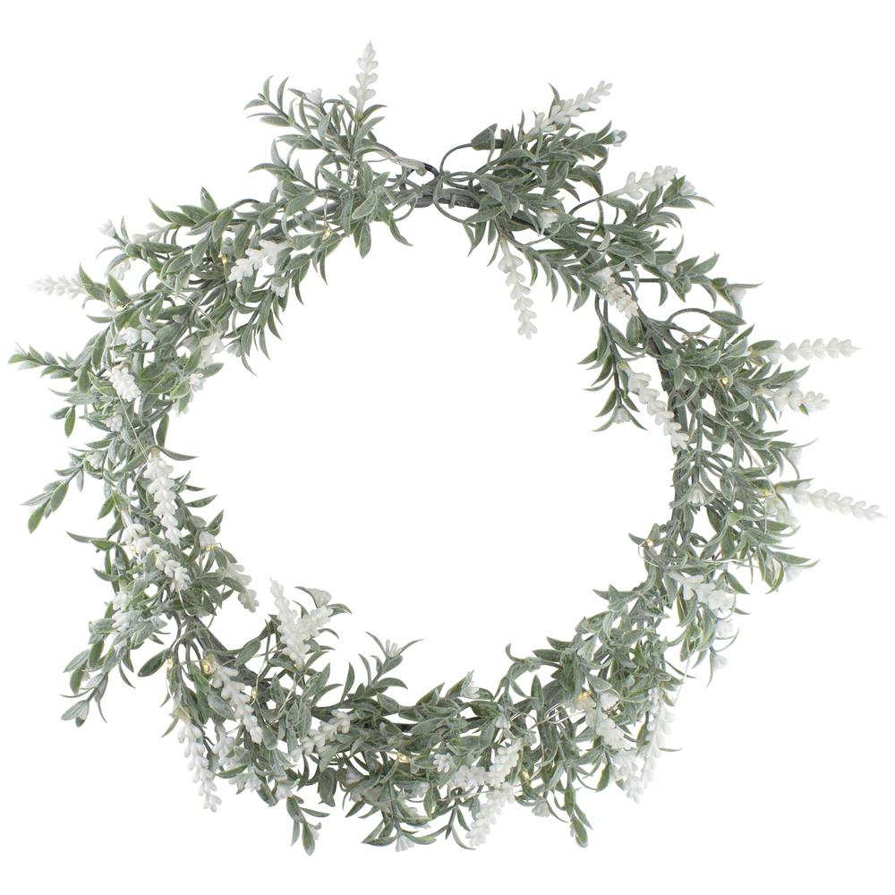 LED Lighted Artificial White Lavender Spring Wreath- 16-inch, White Lights. Picture 1