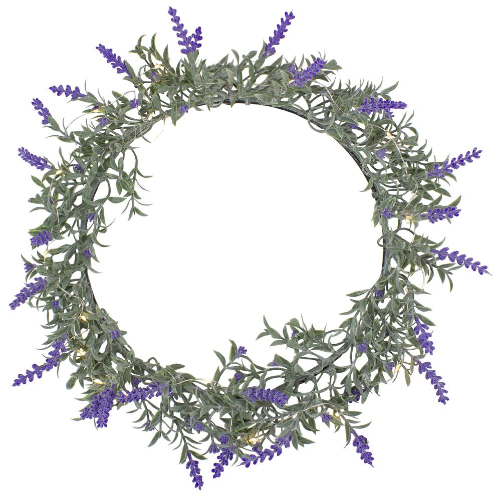 LED Lighted Artificial Lavender Spring Wreath- 16-inch, White Lights. The main picture.