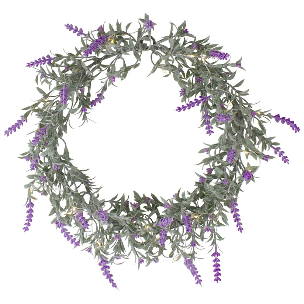 LED Lighted Artificial Pink Lavender Spring Wreath- 16-inch, White Lights. Picture 1