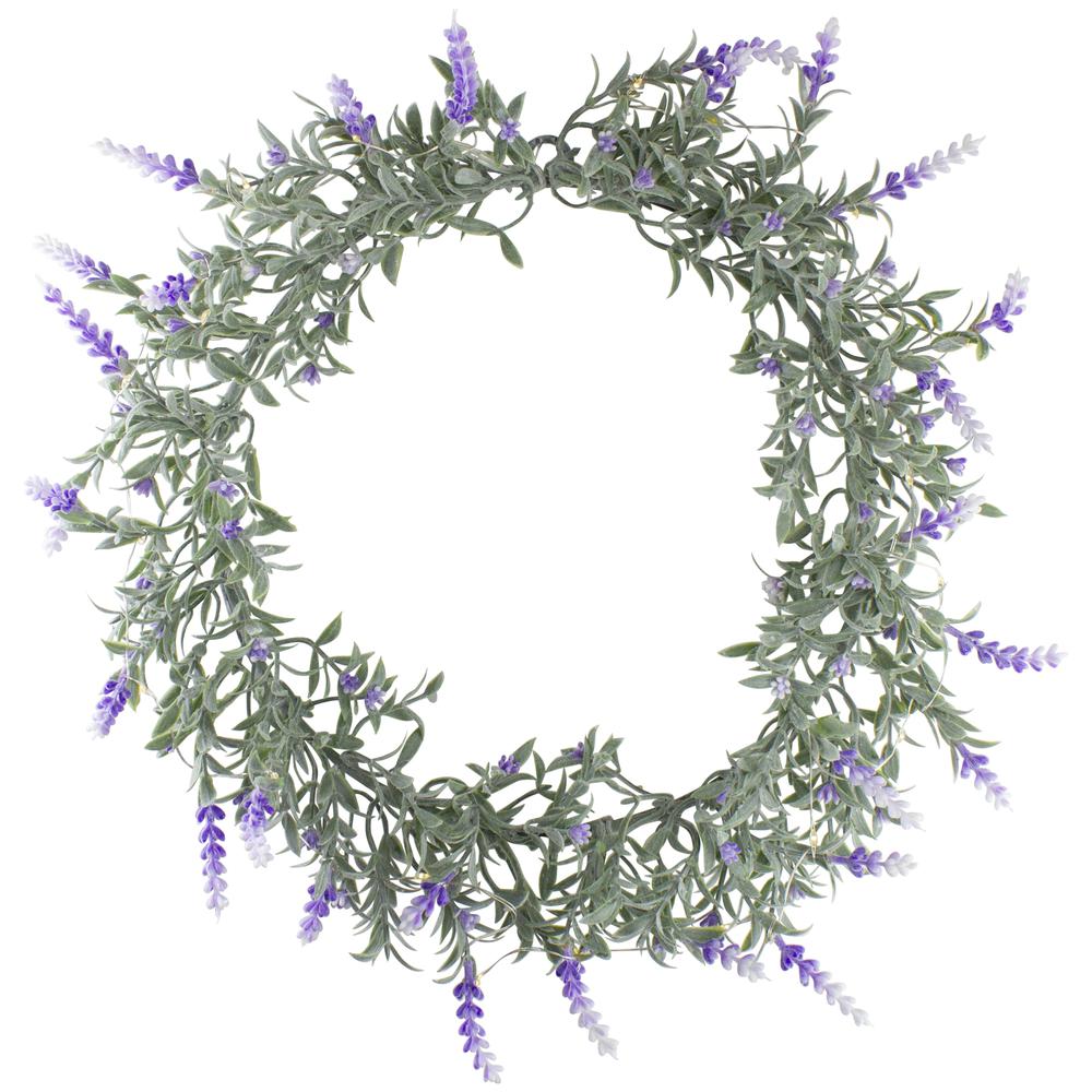 LED Lighted Artificial White/Purple Lavender Spring Wreath- 16-inch, White Lights. Picture 1