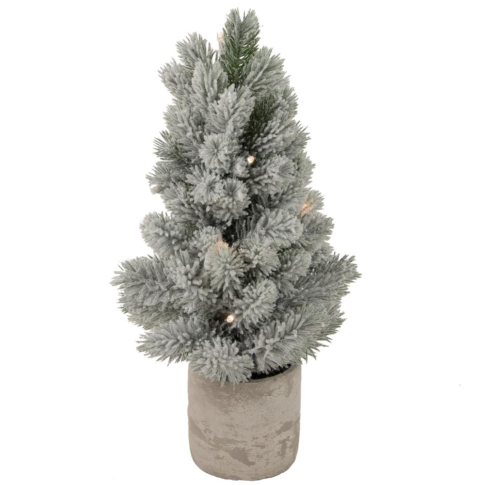 16" LED Lighted Mini Frosted Pine Christmas Tree in Cement Base. Picture 1