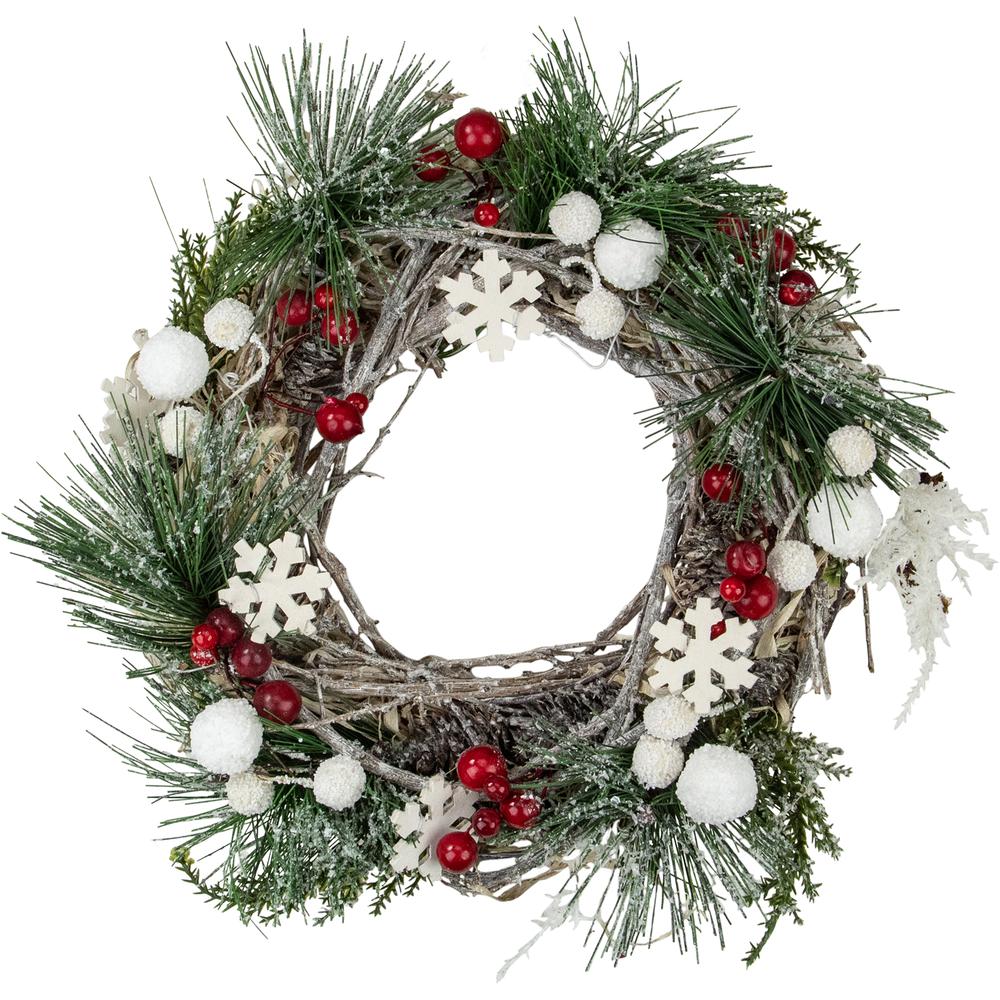 Frosted Pine Winter Foliage Snowflakes Twig Mini Christmas Wreath 10-Inch Unlit. Picture 1